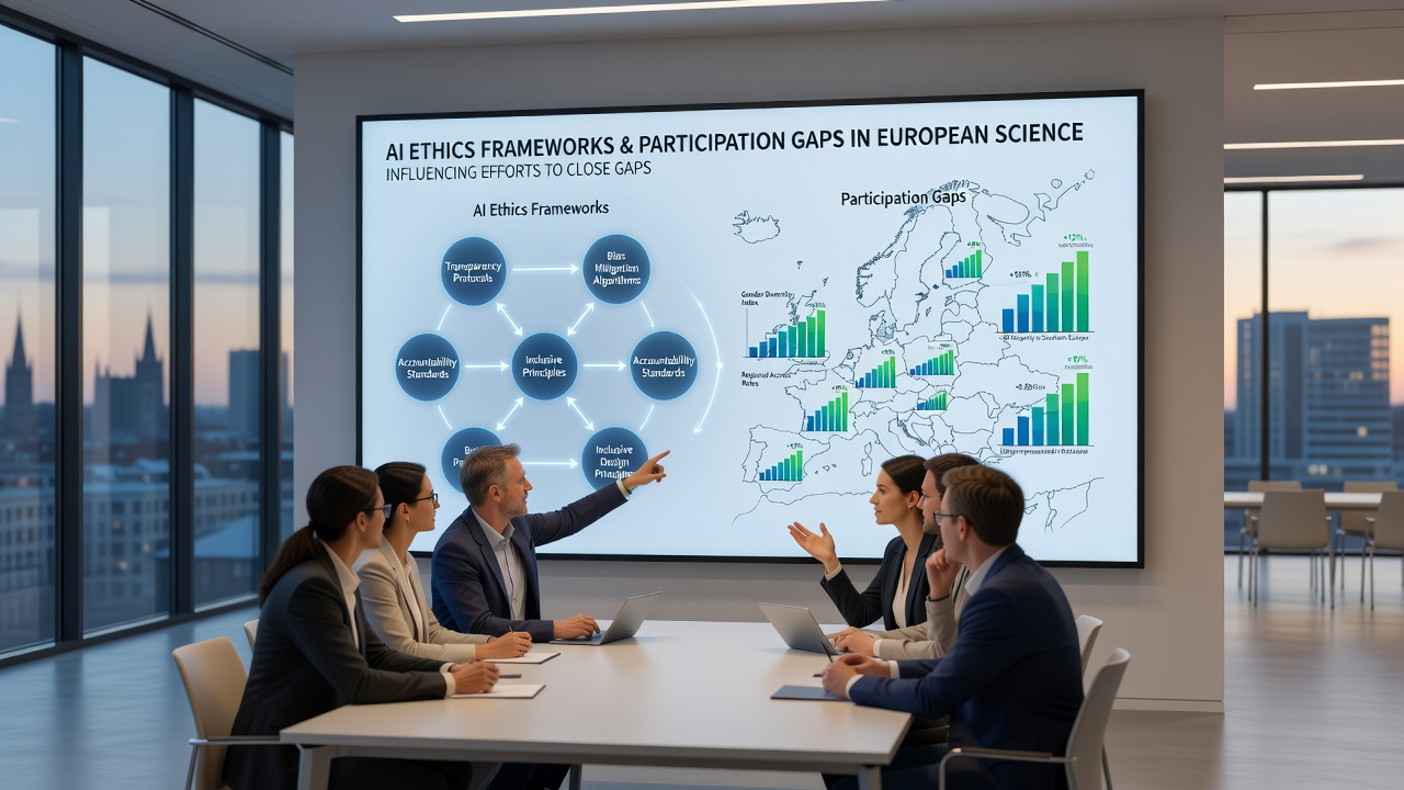 Diverse group of European scientists discussing AI ethics frameworks during a conference session focused on closing participation gaps